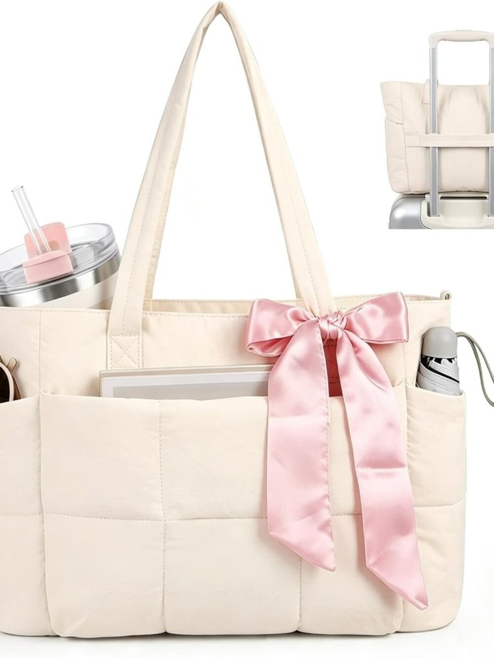 Large Puffer Tote Bag for Women, Lightweight Puffy Work Handbag